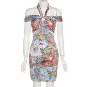 Aesthetic Print Halter Off Shoulder Backless Mini Dresses